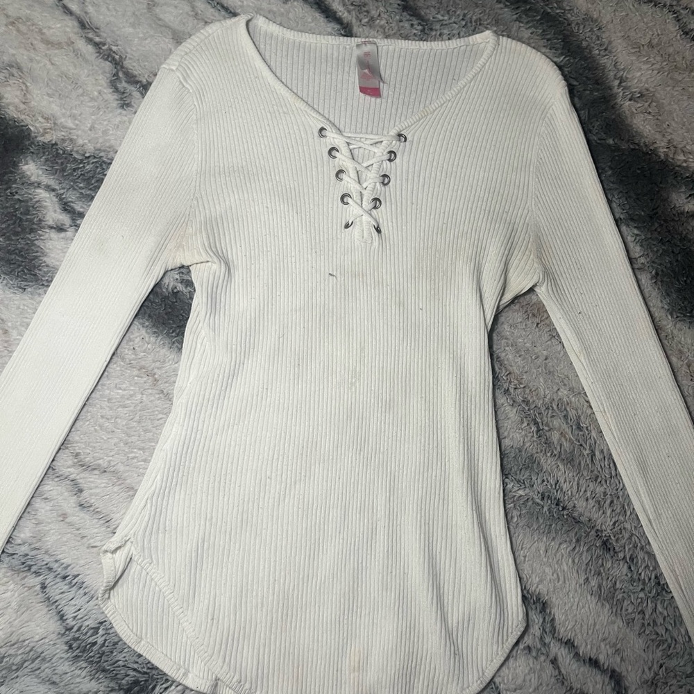 No Boundaries White Ribbed Lace-Up Long Sleeve Top